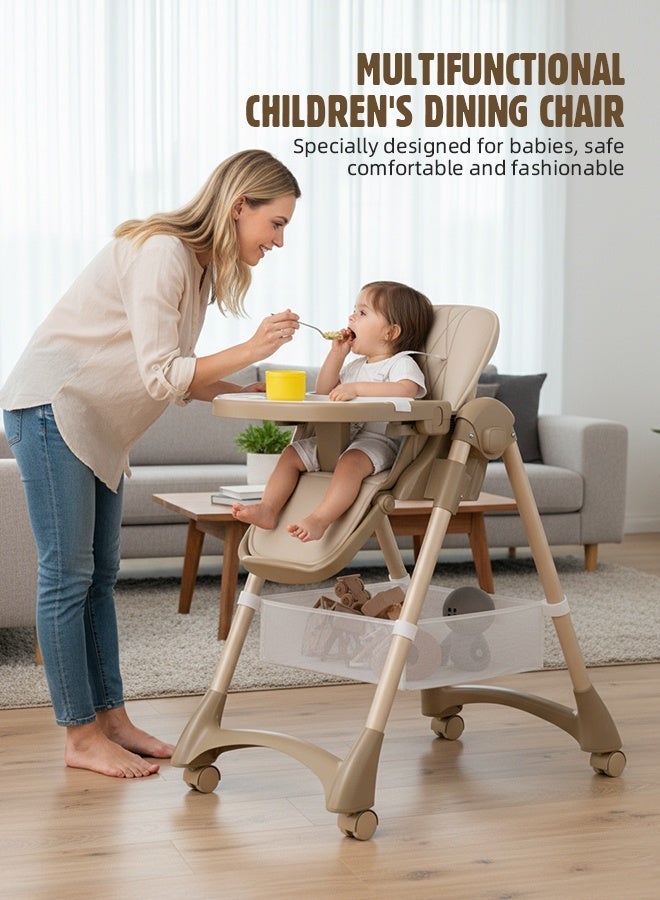 Soft Touch 3-in-1 Baby High Chair, Foldable Toddler Feeding Chair with Removable Soft Cushion and Double Tray, 8 Height Levels, 4 Recline Positions, Baby Dining Chair with Wheels and Storage Basket, Baby Dining Chair for 6–36 Months (Beige) - Image 3